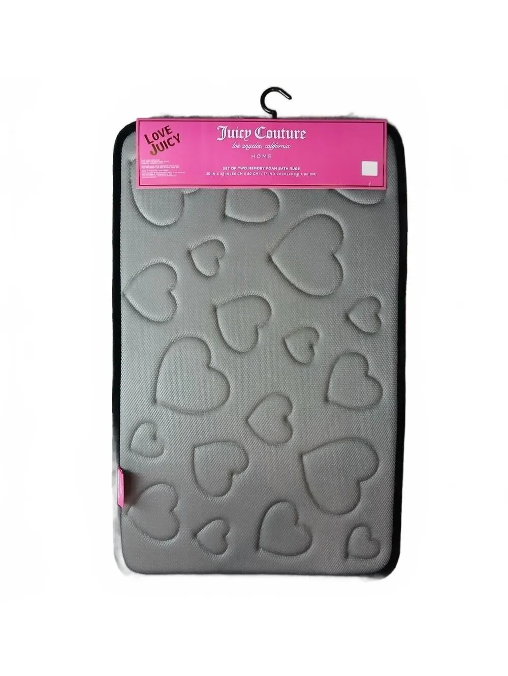 Juicy Couture Home Black Embossed Hearts Bath Rug Set 2 pc Set Memory Foam NWT